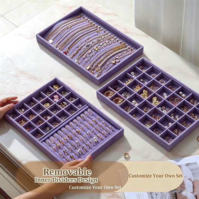 Large Velvet Jewelry Tray 2 Pack Stackable Jewelry Display Drawer Inserts Trays Organizer for Earring Bracelet Necklace Ring (Purple, Ring and 24 Grids)