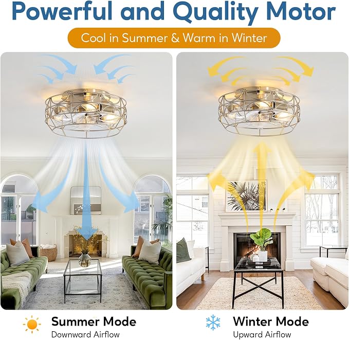Nickel Caged Ceiling Fans with Lights and Remote,6 Speeds,12 inch Industrial Flush Mount Ceiling Fan with Light, Modern Bladeless Fan Lights Ceiling Fixtures for Kitchen, Bedroom,Indoor