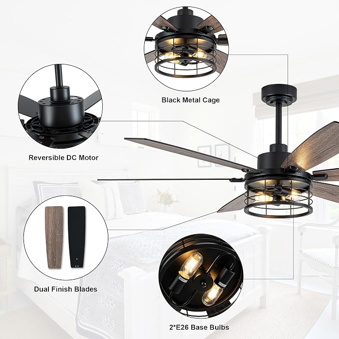 60" Farmhouse Ceiling Fan with Lights Remote, Rustic Ceiling Fan | Industrial Caged Fandelier Black Metal Chandelier Light, Reversible Quiet DC Motor 6 Speeds for Living Room Bedroom Indoor