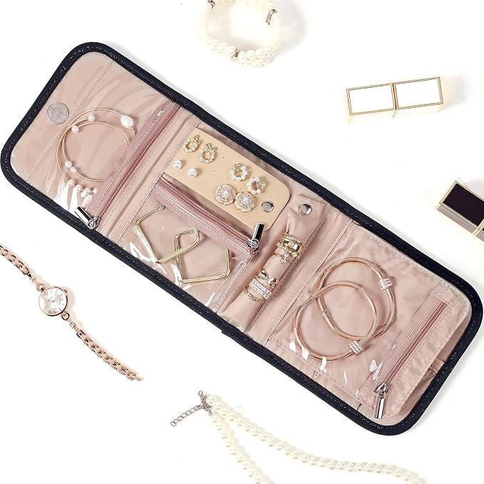 BELALIFE Travel Jewelry Case, Jewelry Organizer Roll for Accessories | Bag with foldable roll design for earrings, necklaces, rings, bracelets and brooches, Black