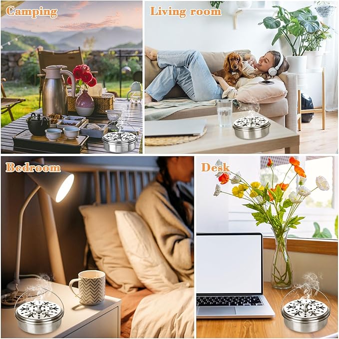 4 Pieces Mosquito Coil Holder Portable Mosquito Incense Holder with Handle Round Metal Sandalwood Incense Burner for Home Camping Indoor Outdoor Patio (Silver)