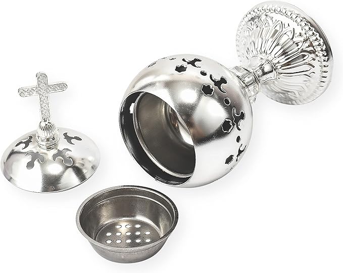 Nazareth Store Silver Charcoal Incense Burner Catholic Cross Censer Brass Plated Distiller for Church and Home