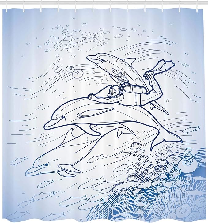 Ambesonne Sea Animals Shower Curtain, Sketch of Scuba Diver Holding Fin of Dolphin Over Coral Reefs Fish Underwater, Cloth Fabric Bathroom Decor Set with Hooks, 69" W x 84" L, Blue Navy