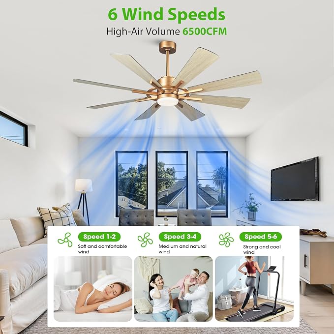60 inch Gold Ceiling Fans with Lights and Remote, Indoor & Outdoor Large Industrial Ceiling Fan for Gazebo Living Room Garage, High Modern Big Ceiling Fan Quiet DC Motor, 3 CCT, Timer, 6 Speed