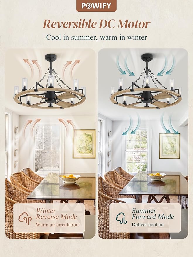 Wagon Wheel Rustic Chandelier Ceiling Fan with Light, 36 inch Farmhouse Caged Ceiling Fans, Dual Finish Blades, Wood Bladeless Fandelier Fan Lights Ceiling Fixtures for Bedroom Kitchen