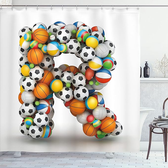 Ambesonne Letter R Shower Curtain, Realistic Looking Volleyball Basketball Soccer Balls Language of The Game Theme, Cloth Fabric Bathroom Decor Set with Hooks, 69" W x 70" L, Orange Multicolor