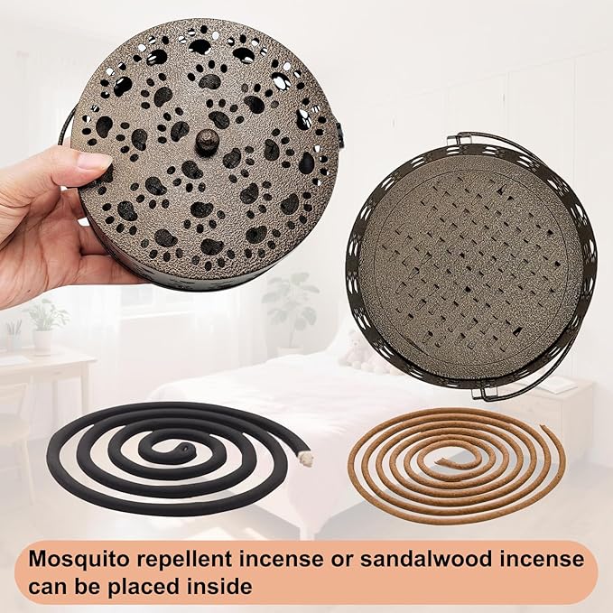 2 Pcs Mosquito Coil Holder Retro Portable Incense Coil Holder Round Fireproof Metal Hanging Incense Burner with Handle for Home Indoor Outdoor Patio Camping Hiking, Dog Paw Style