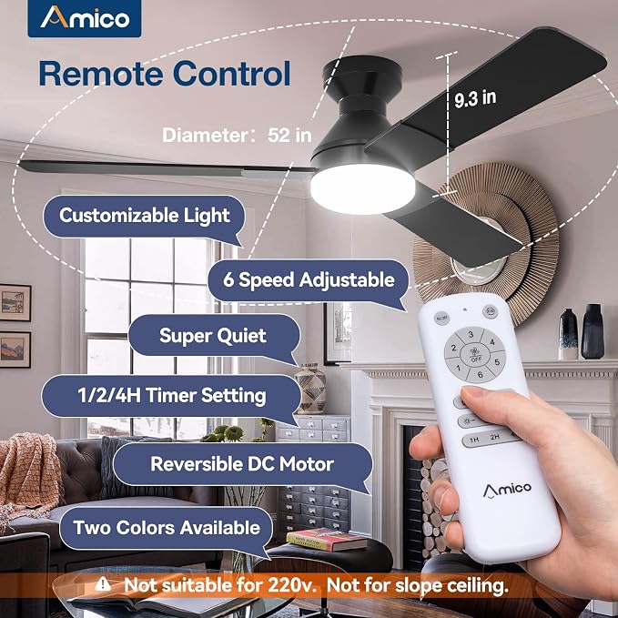 Amico Ceiling Fans with Lights, 52 inch Low Profile Ceiling fan with Light and Remote Control, Flush Mount, Reversible, 3CCT, Dimmable, Noiseless, Black Ceiling Fan for Bedroom, Indoor/Outdoor Use