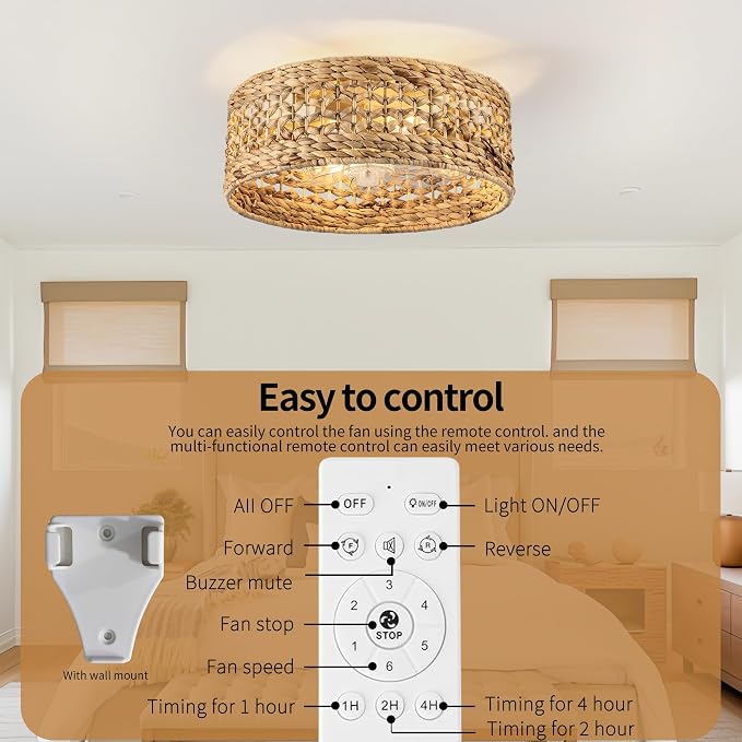Handwoven Boho Ceiling Fan with Light,Rattan Caged Ceiling Fans with Lights and Remote Control Flush Mount Low Profile Enclosed 6 Speeds Fandelier for Bedroom,Living Room,Dining Room,4-Light