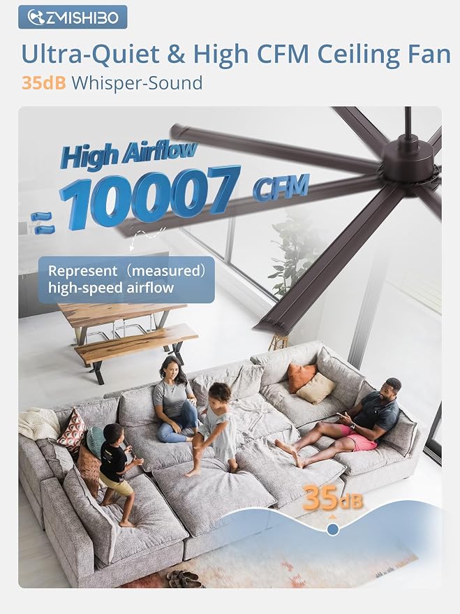 ZMISHIBO 72 Inch Ceiling Fans with Lights, Indoor/Outdoor Industrial Ceiling Fan with 8 Aluminum Reversible Blade, Quiet DC Motor, 3CCT&6-Speed Remote Control, Damp Rated for Living Room/Garage/Gazebo