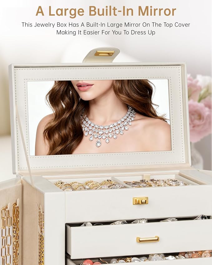 AKOZLIN 6-Tier Jewelry Box Organizer Functional 5 Drawers Leather Jewelry Storage Case for Women Girls Ring Necklace Earring Bracelet Holder Organizer with Mirror XL White 360° Rotating