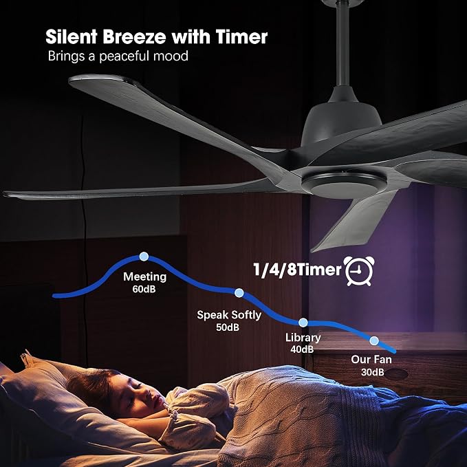 60" Solid Wood Ceiling Fan No Lights, Remote and APP Control, DC Motor, 6-speed Reversible, Ceiling Fans without Light for Bedroom, Living Room, Office, Black