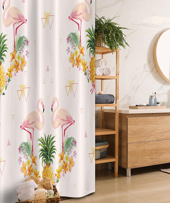 Ambesonne Flamingo Stall Shower Curtain, Floral Bird Motifs with Pineapple Hawaiian Flowers Bananas Triangles Retro, Fabric Bathroom Decor Set with Hooks, 36" W x 72" L, Pink Orange