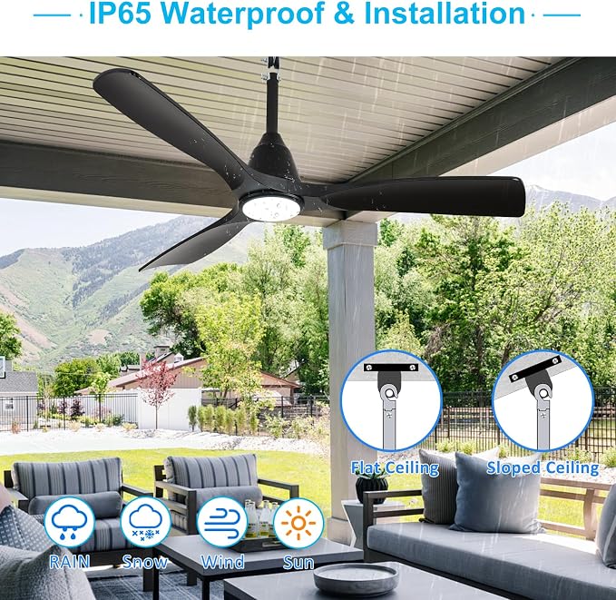Depuley Outdoor Ceiling Fan with Lights: 42" Black Gazebo Fans Outdoor Hanging with Remote APP Control - Plug in Waterproof Fans with Light for Patio Porch Reversible Black Blades 3CCT 6 Speeds Timer