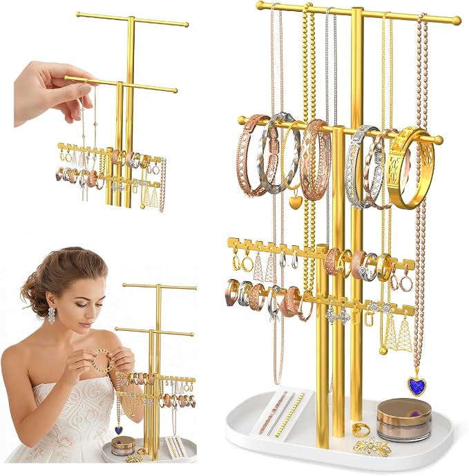 Jewelry Tower Stand Organizer for Women - Elegant Jewelry Holder Display with Necklace Holder, Earring Organizer & Bracelet Rack - Tabletop Jewelry Stand for Dresser, Vanity, Desk