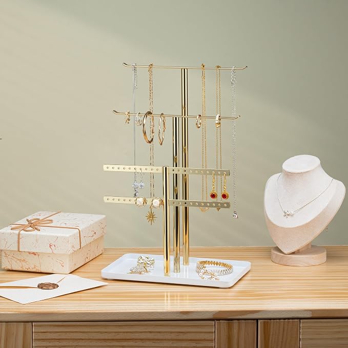 pickpiff Jewelry Organizer: 12.5" Sturdy Stand for 80 Pcs Jewelry, Shiny Gold