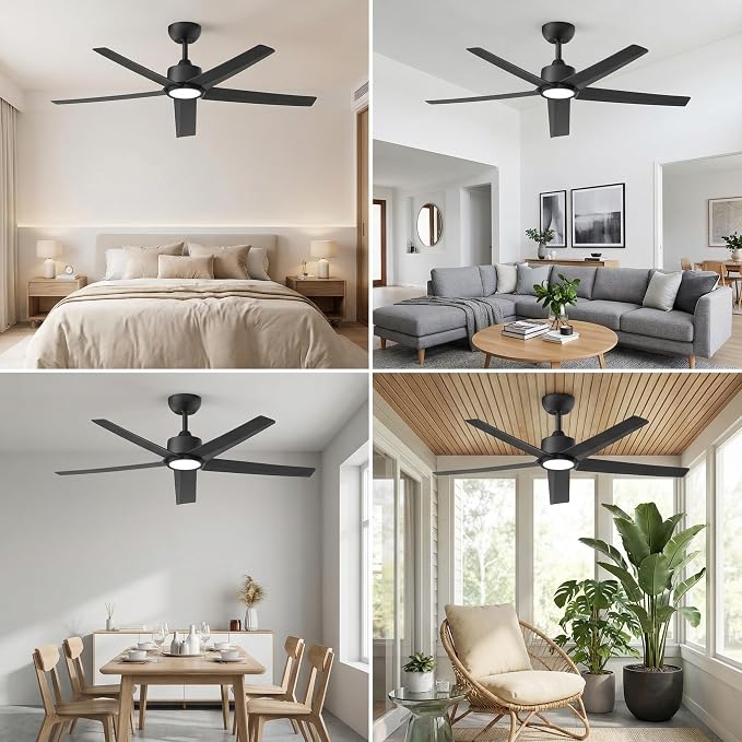 ocioc 52 inch Ceiling Fans with Lights, 2 Pack Black Ceiling Fan with Light and Remote Control, 3CCT, Quiet DC Motor, 5 Blades Modern Ceiling Fan for Living Room Farmhouse Bedroom