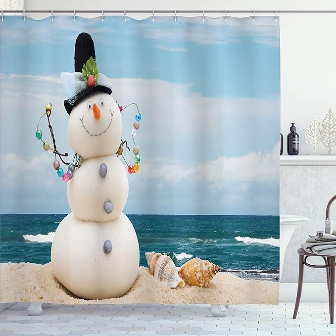 Ambesonne Snowman Shower Curtain, Winter Vacation Holiday Theme Figure Seashells Sitting on Sandy Beach Coastal, Cloth Fabric Bathroom Decor Set with Hooks, 69" W x 84" L, Blue Sand