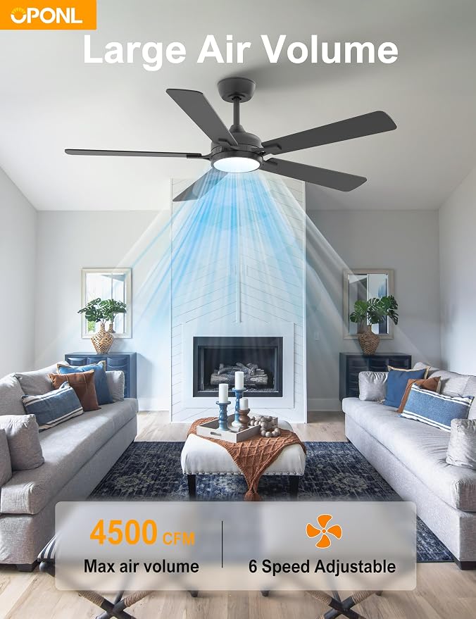 OPONL Ceiling Fan with Light, Ceiling fan with Light and Remote Control, Reversible, 6CCT, Dimmable, Noiseless, Ceiling Fan for Bedroom, Indoor/Outdoor Use, Black, 52 inch, Classic