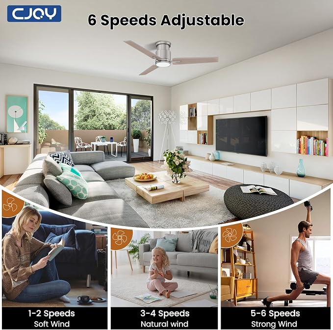CJOY Ceiling Fans with Lights, 52 Inch Flush Mount Indoor Ceiling Fan with Light and Remote, Low Profile, LED Dimmable DC Reversible Modern Ceiling Fan for Bedroom（Brushed Nickel）