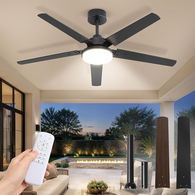 Fanbulous 52 inch Large Ceiling Fans with Lights and Remote, 27 W LED light | Outdoor Black Ceiling Fan with 5 Blades, 3 CCT, 6 Speed Reversible Quiet DC Motor, Modern Ceiling Fan for Living Room Patio