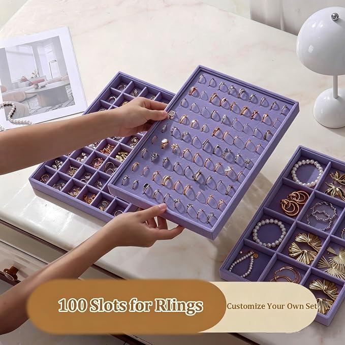 Large Velvet Jewelry Tray 2 Pack Stackable Jewelry Display Drawer Inserts Trays Organizer for Earring Bracelet Necklace Ring (Purple, Ring 81 Slots)