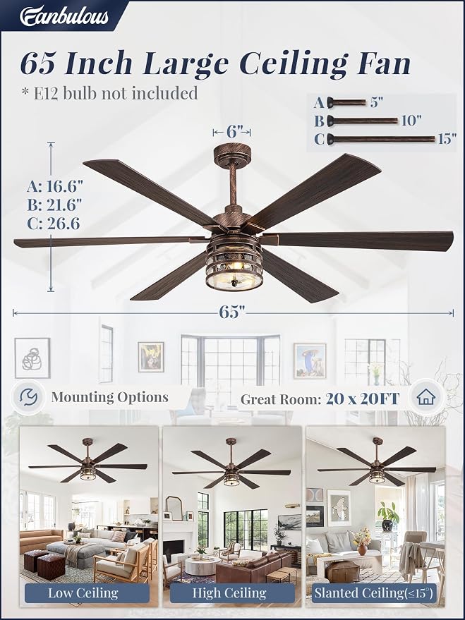 Fanbulous 65 Inch Large Farmhouse Ceiling Fan with Light & Remote,Black | Powerful 6-Speed Reversible DC Motor, Industrial 6 Dual Finish Blades, Ideal for Living Room, Bedroom, Patio, Garage