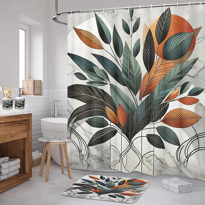 Ambesonne Boho Bathroom Decor Set 4 Pcs, Shower Curtain Bath Mat Soap Dispenser Toothbrush Holder in a Gift Box Essentials and Accessories, Mid Century Exotic Leaf, Orange Laurel Green Grey