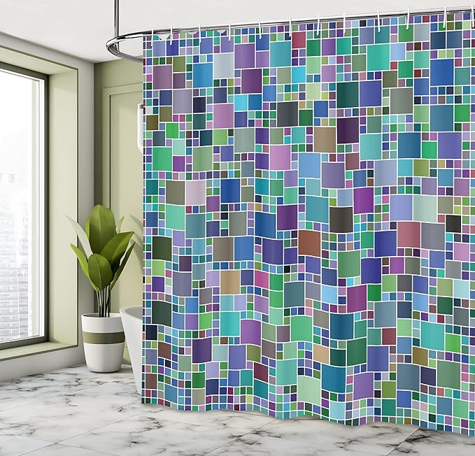 Ambesonne Colorful Shower Curtain, Mosaic Grid Geometric Digital Like Pattern with Hues Squares Pixelated Graphic Art, Cloth Fabric Bathroom Decor Set with Hooks, 69" W x 75" L, Pale Fuchsia