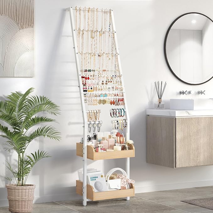 Jewelry Holder Organizer, Large Jewelry Organizer Wall with Earring Organizer Necklace Holder Bracelet Holder, Jewelry Organizer Stand Jewelry Display for Earrings Rings Necklaces Bracelet Watch White