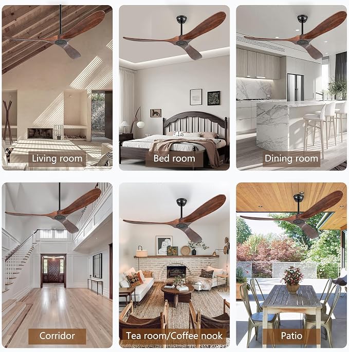 60 Inch Solid Wood Ceiling Fans No Lights Remote Control,Large Outdoor Real Wood Ceilings Fan Without Lights 3 Walnut Blades Craftmade Quiet for Patio Farmhouse Living Room Bedroom Office