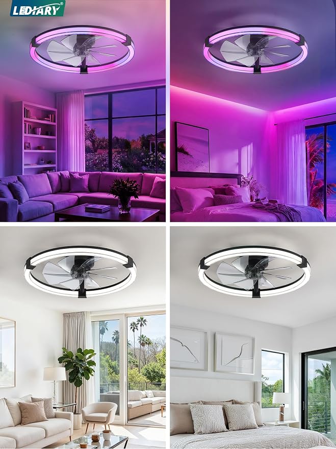 LEDIARY Ceiling Fan with Light,23inch Low Profile Fandelier with Remote RGB | RGB,6 Speeds, Reversible DC Motor, Dimmable Flush Mount Fan Light, Modern fans for Bedroom
