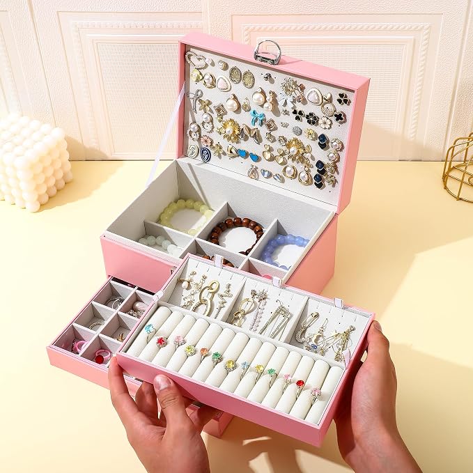 BOOVO Large Jewelry Boxes For Women (Pink) | 5 Layers Jewelry Organizer Box With Cosmetic Storage Drawer, Necklace Ring Jewelry Organizer Box