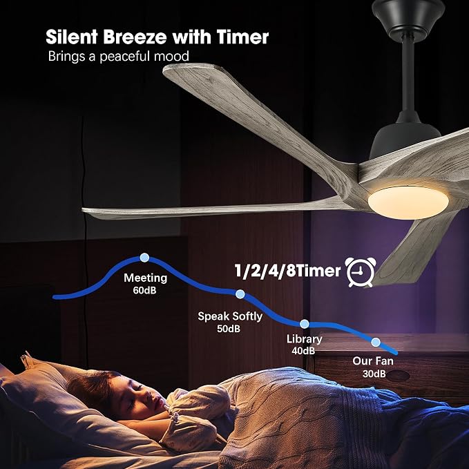 60" Solid Wood Ceiling Fan with Lights, Remote and APP Control, 3-color Dimmable LED, 6-speed Reversible, Modern Ceiling Fans for Bedroom, Living Room, Outdoor/Indoor, Greywood
