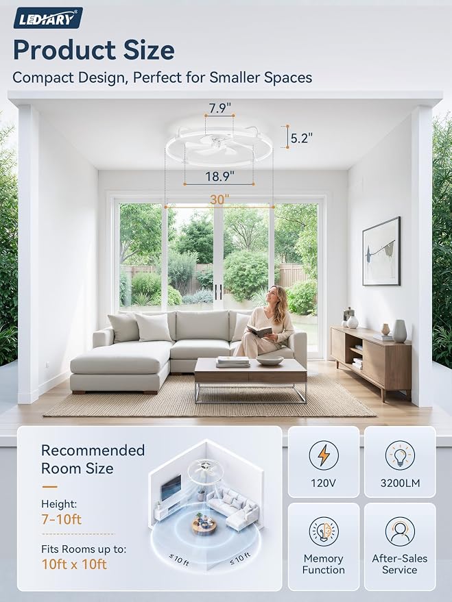 LEDIARY 30" Ceiling Fans with Lights and Remote, Low Profile,Large, White | 3000K-6000K Stepless Dimmable Fandelier, Reversible DC Motor, Remote and APP Control, Bedroom Kitchen Living Room Fan Light