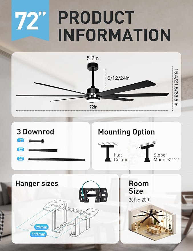 Minislak 72" Black Smart Ceiling Fan with Light and Remote via WIFI Alexa APP Control,6 Speed Quiet DC Motor,Dimmable,Indoor Outdoor Ceiling Fans for Patios or Bedroom,Living room