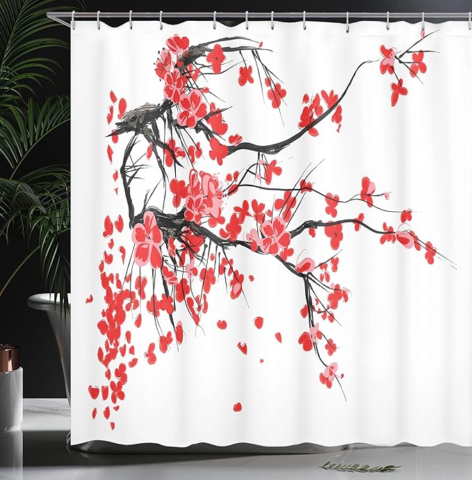 Ambesonne Floral Shower Curtain, Japanese Cherry Blossom Sakura Blooms Branch Spring Inspirations Print, Cloth Fabric Bathroom Decor Set with Hooks, 69" W x 70" L, Vermilion Brown White