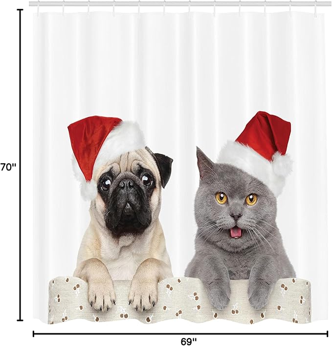 Ambesonne Pug Shower Curtain, Christmas Themed Animal Photography a Cat and Dog Wearing Santa Hats Print, Cloth Fabric Bathroom Decor Set with Hooks, 69" W x 70" L, Cream Grey