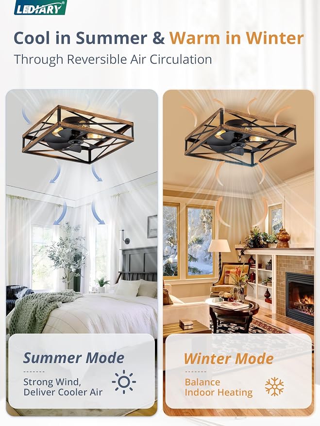LEDIARY 23” Caged Flush Mount Square Ceiling Fans with Lights and Remote | 6 Speed and Reversible, Small Farmhouse Rustic Bladeless Ceiling Fan Low Profile for Bedroom, Kitchen, Dining Room