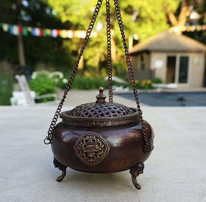DharmaObjects Tibetan Traditional Hanging Incense Burner Copper (6 x 4.5 x 4.5 Inches, Hanging 8)