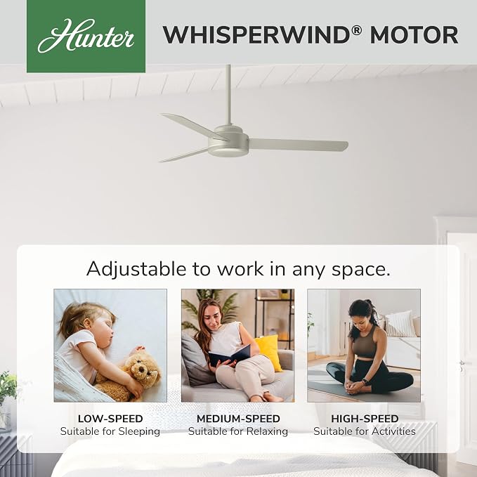 Hunter Presto, Indoor, Ceiling Fan, No Light, Modern, 52 inch, Matte Nickel | SureSpeed high velocity airflow you can feel; no-light design and 3D Interactive Guide support bedrooms and home offices.