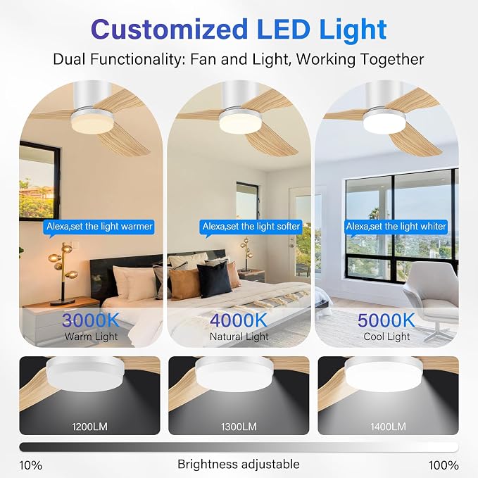 42 Inch Smart Ceiling Fans with Lights Remote,Low Profile Ceiling Fan Control with WIFI Voice Alexa App,Modern Flush Mount Fan for Small Bedroom,Patio,Porch,Outdoor Indoor,White& Wood,Quiet DC Motor