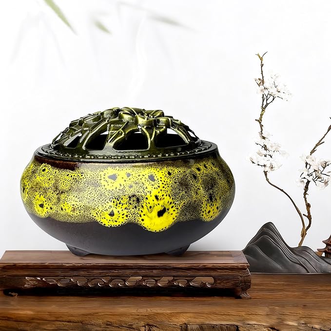 Ceramic Incense Burner, Bowl Burner,Cone Incense Burner with Brass lid for use with Stick or Cone-Shaped Incense，Lotus Incense Stick Holder Calabash Incense Stick Holder, 3pc (Fambe Yellow)