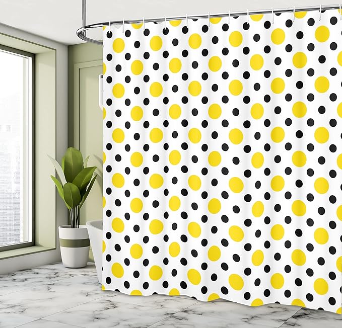 Ambesonne Polka Dots Shower Curtain, Symmetric Look Rounds and Playful Cultural Motif Vintage Circles Retro 30s Themed Print, Cloth Fabric Bathroom Decor Set with Hooks, 69" W x 84" L, Yellow White