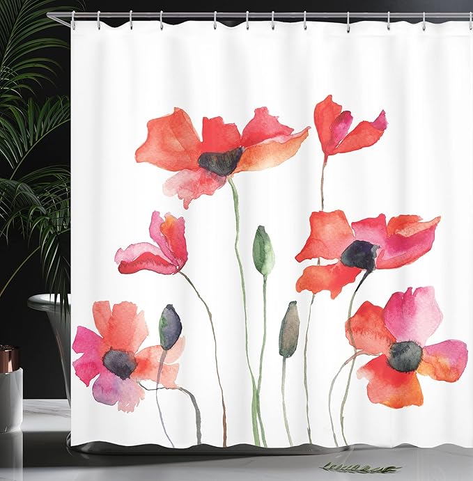 Ambesonne Watercolor Flower Shower Curtain, Poppies Wildflowers Nature Meadow Painting in Watercolor Effect Warm Artwork, Cloth Fabric Bathroom Decor Set with Hooks, 69" W x 84" L, Burnt Orange Green