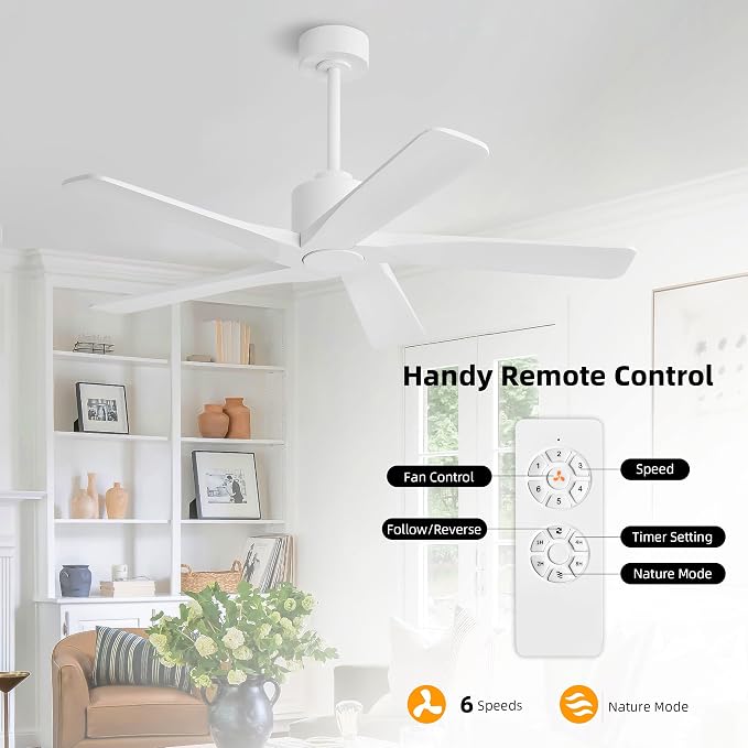 WINGBO 48" DC Ceiling Fan No Light - 5 Carved Solid Wood Blades, 6-Speed Reversible DC Motor, Ceiling Fan without Lights for Living Room Bedroom Kitchen Patio, Indoor and Outdoor, Gloss White