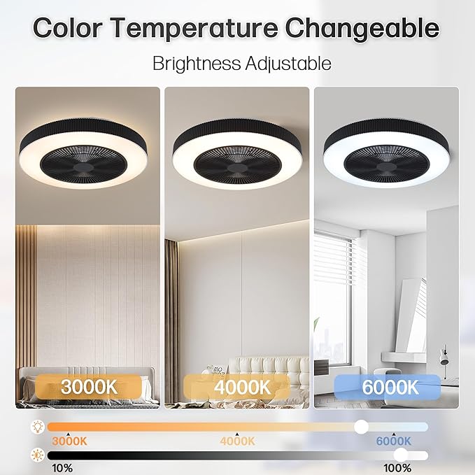 20" Bladeless Ceiling Fans with Light Remote Control,LED Smart Flush Mount Ceiling Fan With light for Bedroom, Kids Room, Reversible Motor, 6 Wind Speed, 3000LM, 57W-White/Black (Black)