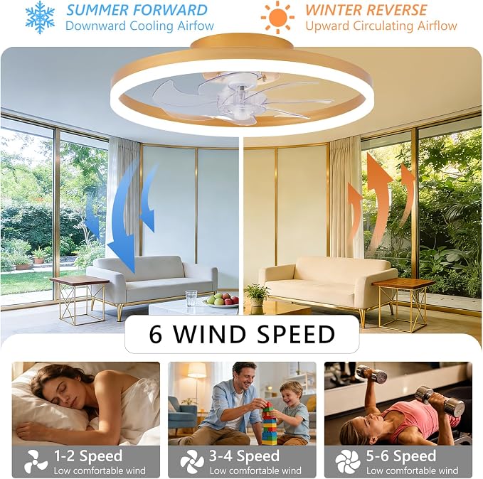 20" Low Profile Ceiling Fans with Lights and Remote & APP, Dimmable 3000-6500K LED Fandelier Ceiling Fan with Light, Modern Flush Mount Ceiling Fan Light for Living Room, Bedroom and Kitchen