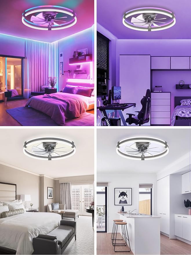 ZMISHIBO RGB Ceiling Fans with Lights and Remote, 23 inch Low Profile Ceiling Fan with Light, 3000K-6000K Dimmable & RGB, Modern Fandelier Flush Mount Ceiling Fan, Small LED Fan for Bedroom,Grey