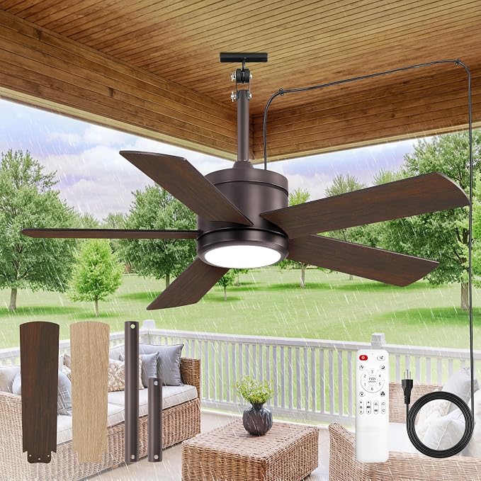 Fanbulous 42" Outdoor Ceiling Fan with Light and Remote, IP65 Waterproof, Plug-in Design with 10FT Cord, 6-Speeds, 3CCT, Hook Hanging Fan for Gazebo Patio Porch Garage Canopy(Oil Bronze)